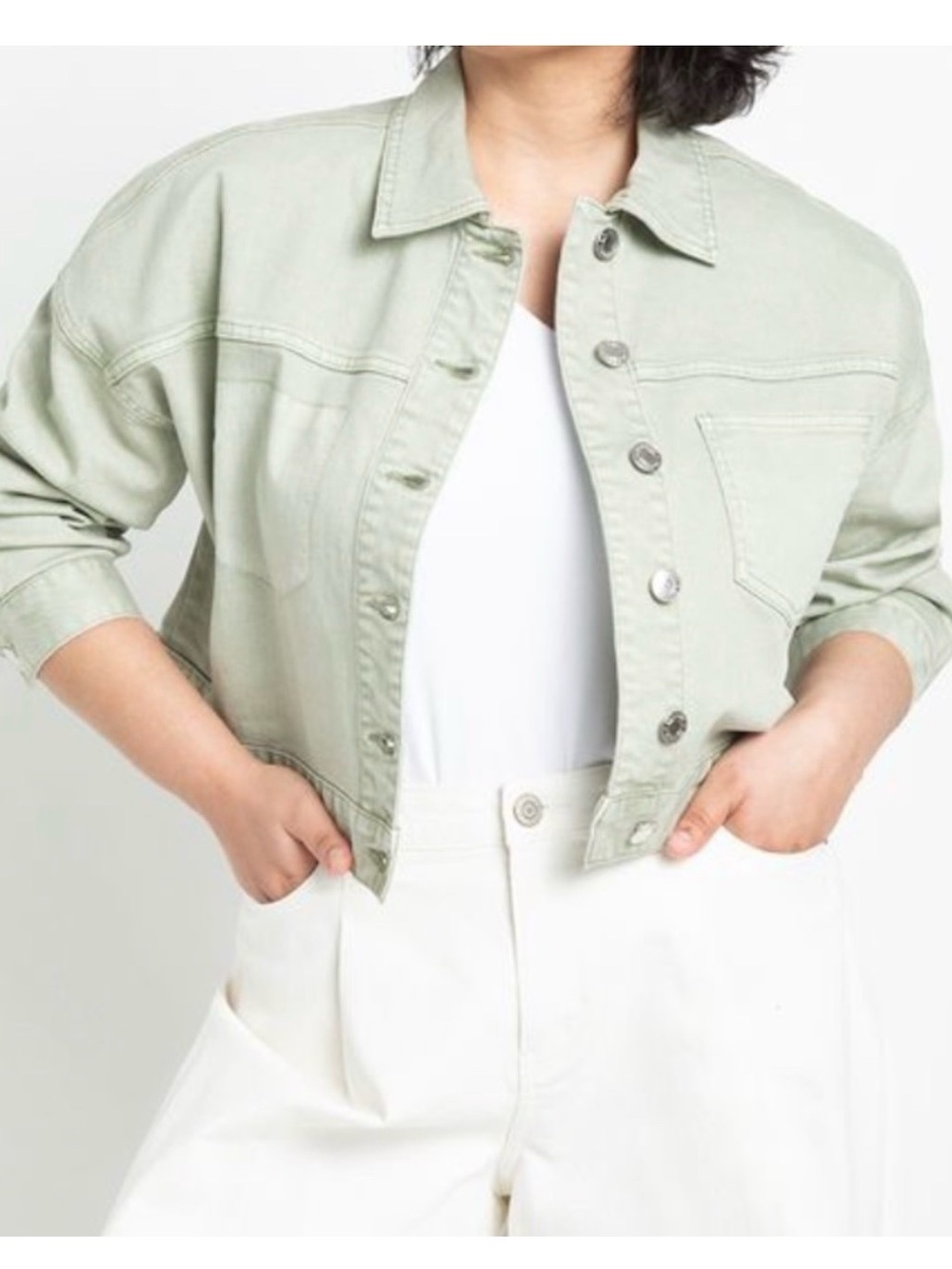 Eloquii‎ Cropped Denim Jean Jacket Light Green Women’s Size 14 Casual Travel